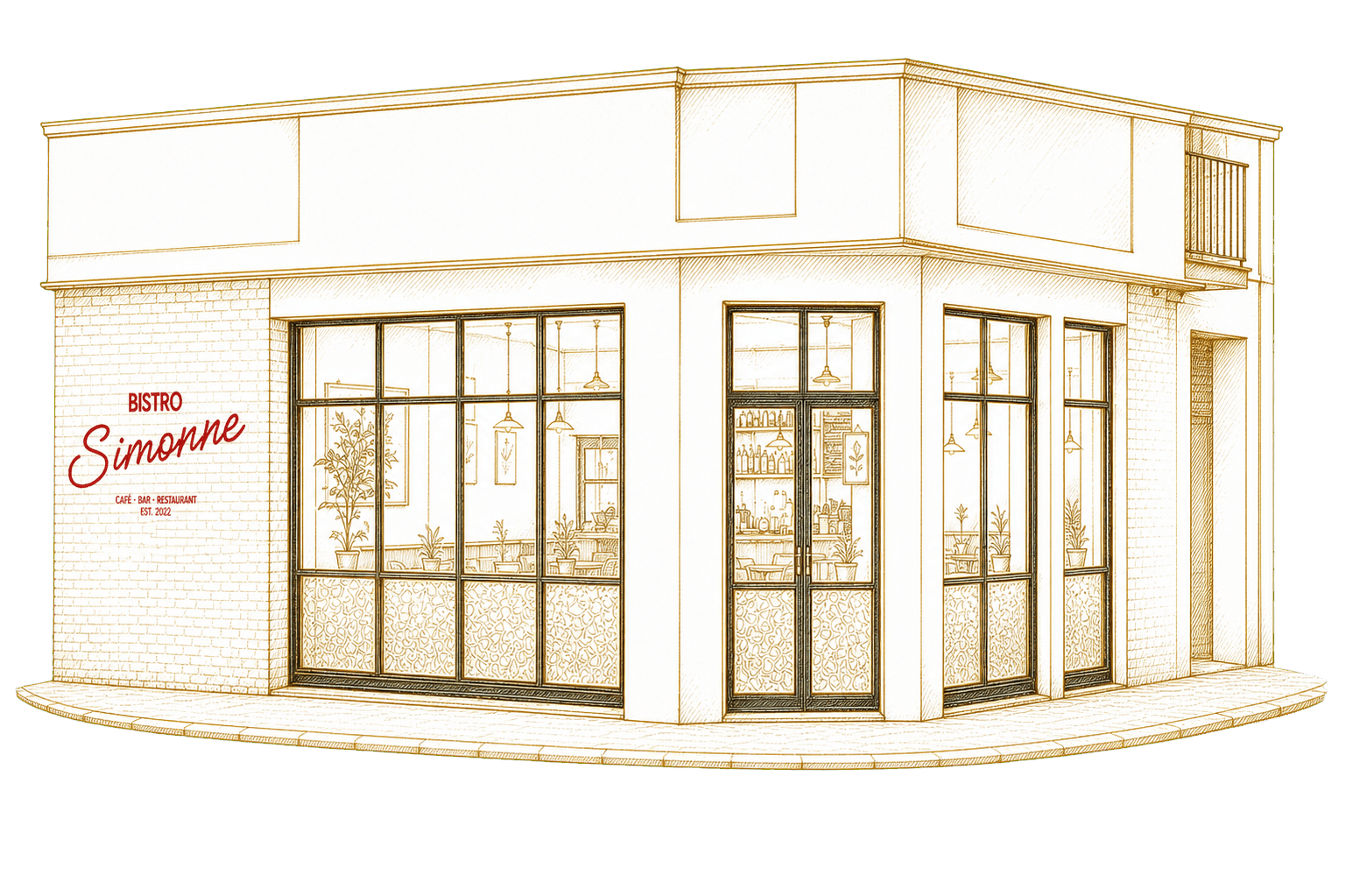 Getekende gevel van Bistro Simonne